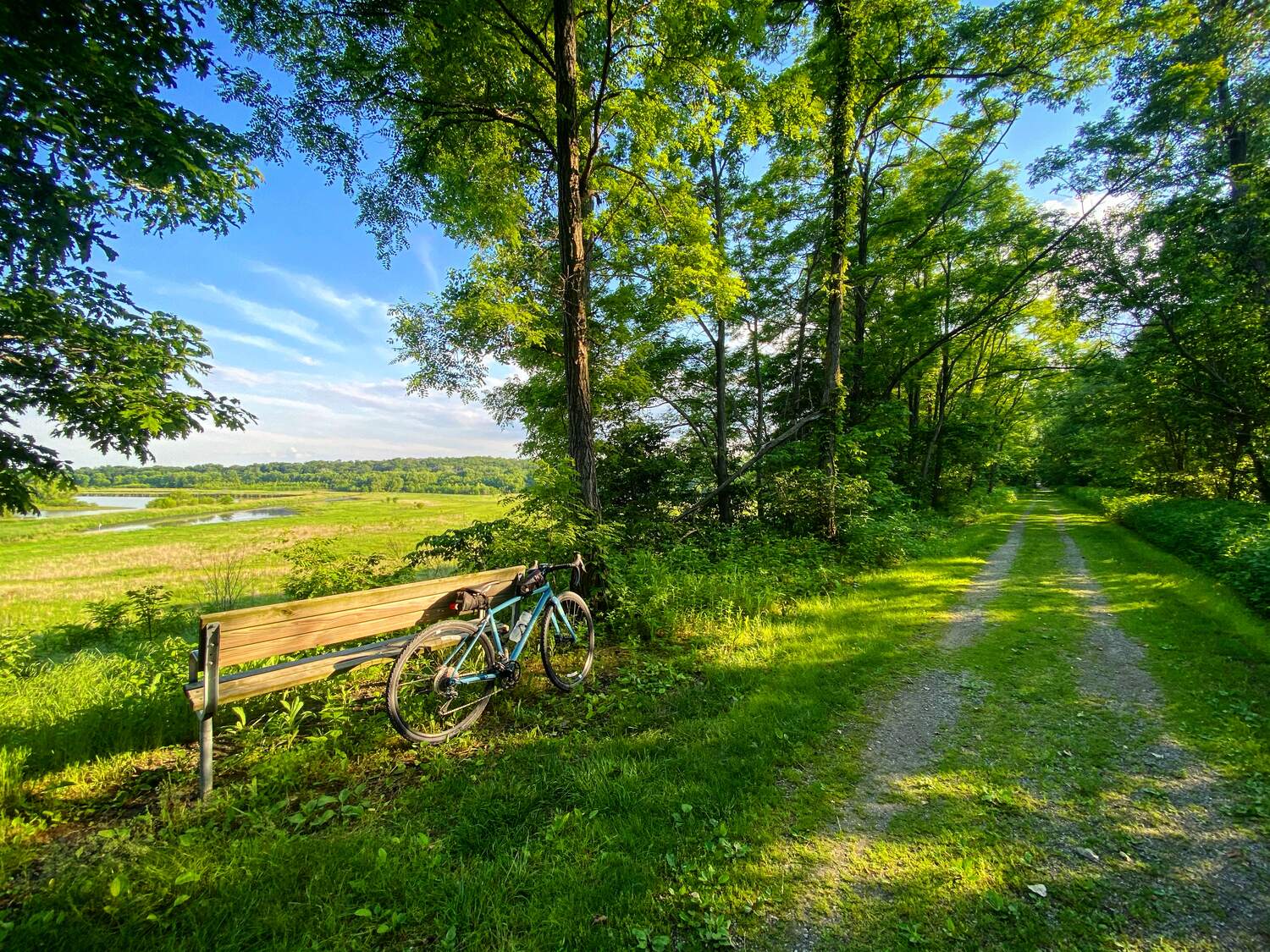 A bench and bicycle overlooking the valley from the trail