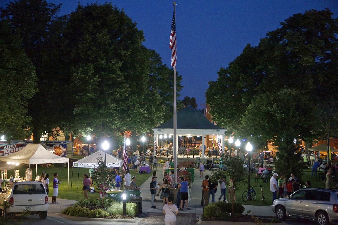 Fairfield town square in the evening during a community event