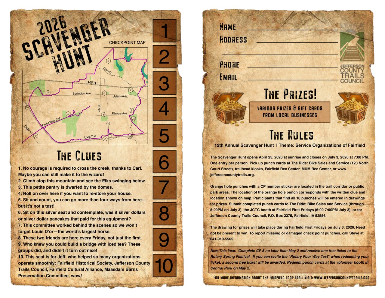 Preview of the 2026 Scavenger Hunt punch card — front shows the ten clues and a checkpoint map; back shows the prizes, rules, and entry form