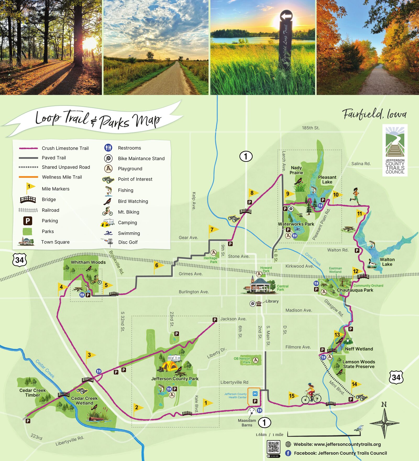 Fairfield Loop Trail & Parks Map showing the trail, mile markers, parks, lakes, parking, and points of interest